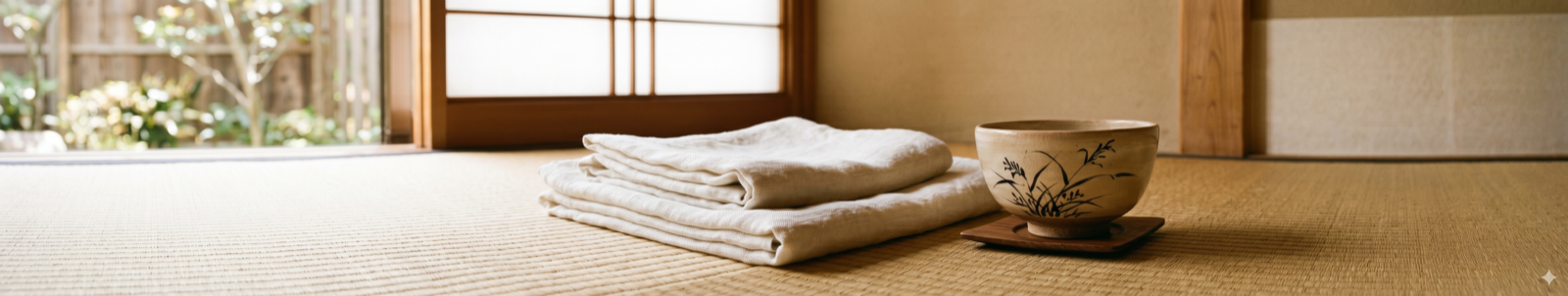 Tatami room with morning light, folded linen and a tea bowl